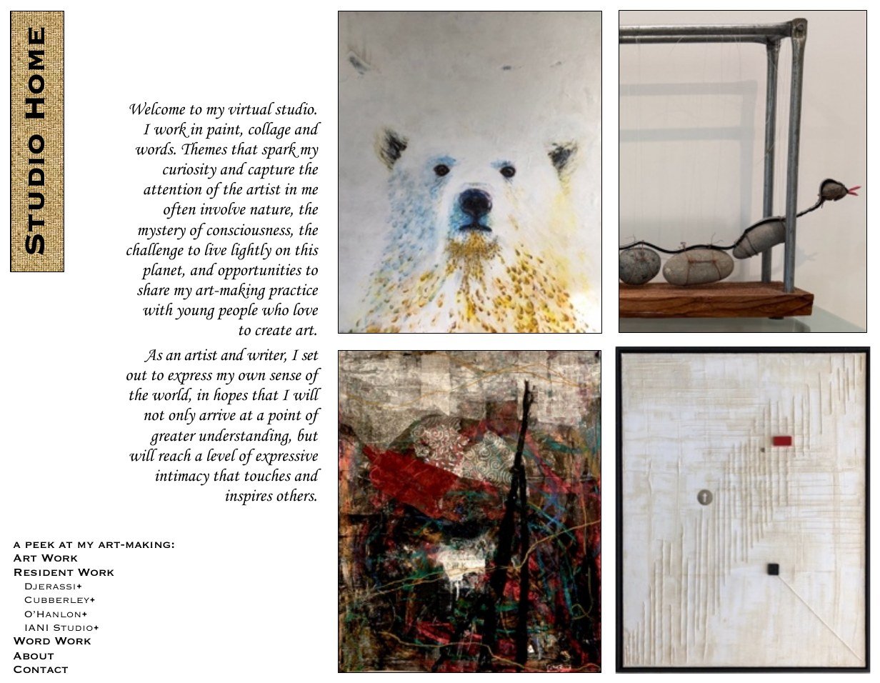 Studio Home — welcome page with polar bear portrait and mixed media works